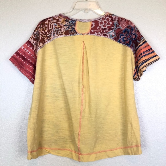 Sundance Yellow Mixed Print Rolled Sleeve Raw Edge Notch Neck Boxy Tee Small - Picture 3 of 5